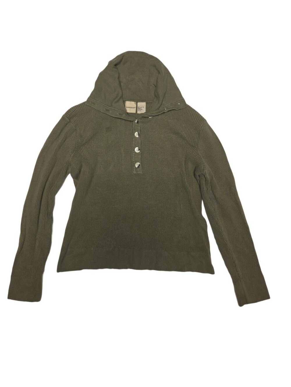 Massini Women Olive Green Ribbed Button Hoodie Long Sleeve Knit Sweater Size L